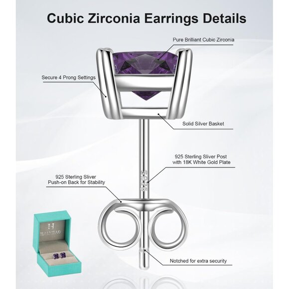 Womens Purple Cubic Zirconia 18K White Gold Plated 925 Sterling Silver Earrings - Picture 6 of 6
